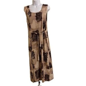 Abstract Print Maxi Dress Sleeveless Square Neck Belted Tan Brown